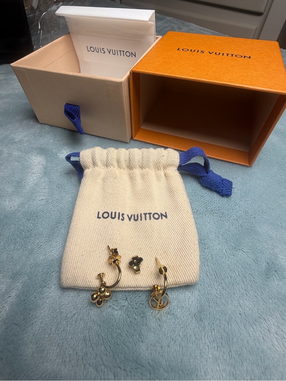Louis Vuitton Gold and Navy Charm Hoop Earrings